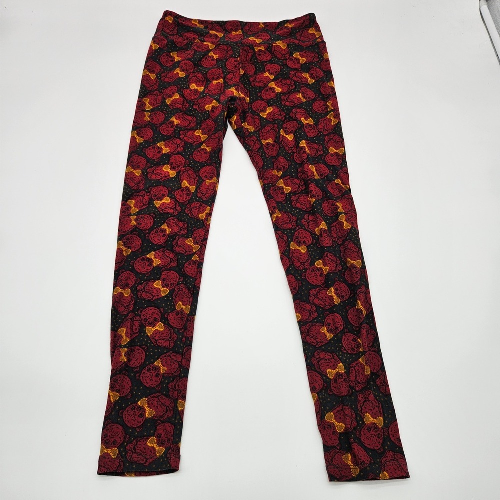 LuLaRoe One‎ Size Leggings Red Black Yellow Skulls Bows Print Full Length